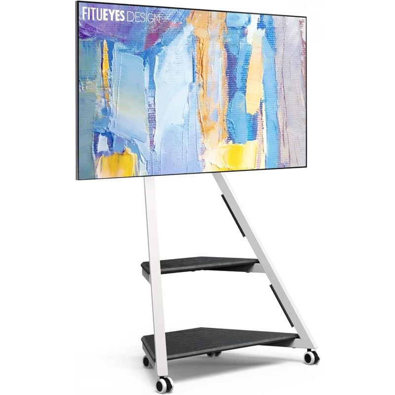 Support tv roulettes Art pour tv 32 43 55 65 Pouces Hauteur Réglable 946-1076,5mm avec 2 Etagères pour Maison, Salon, Conférence Blanc - Fitueyes