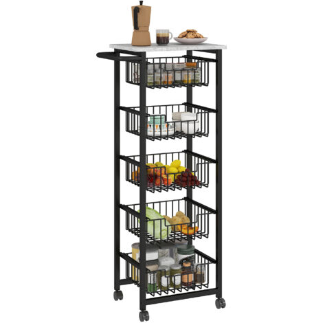 Five Basket Mobile Kitchen Island, with Brakes - Grey/Black