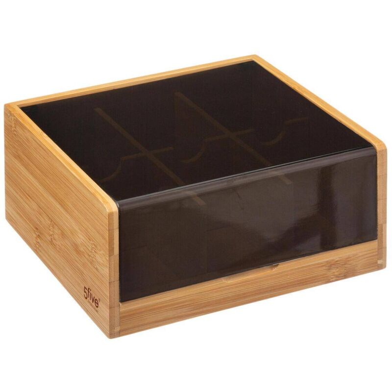 5Five Simply Smart – Boite à thé en bambou 6 compartiments – Dimensions 21,8 x 21 x 10 cm – Couvercle noir pour rangement élégant – Compatible