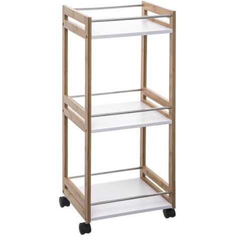 Five – Desserte de cuisine sur roulettes en bambou blanc – 3 niveaux – Dimensions 36 x 30 x 82,5 cm – 4 roulettes pivotantes pour déplacement facile