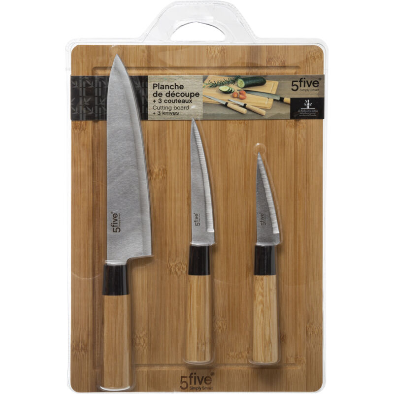 Ensemble black bambou : planche à découper en bambou et 3 couteaux en acier inoxydable.