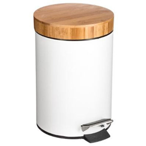 Five Simply Smart – Poubelle de salle de bain 3L – Métal et bambou – Système à pédale – Dimensions D. 17 x H. 25,5 cm – Couleur blanc