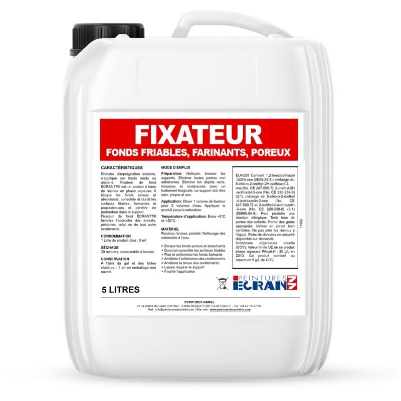 Fixateur de surface, fixe et durcit les fonds friables, farinants, bloque les fonds poreux, régule l'absorption ECRAN77
