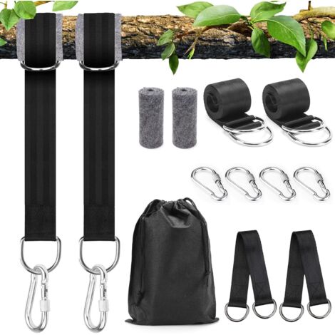 Fixation de balançoire, fixation pour hamac - Kit tout compris avec 2 sangles, 4 mousquetons, 4 anneaux en D, coussins de protection pour arbre, sac de rangement et 2 sangles d'extension, peut