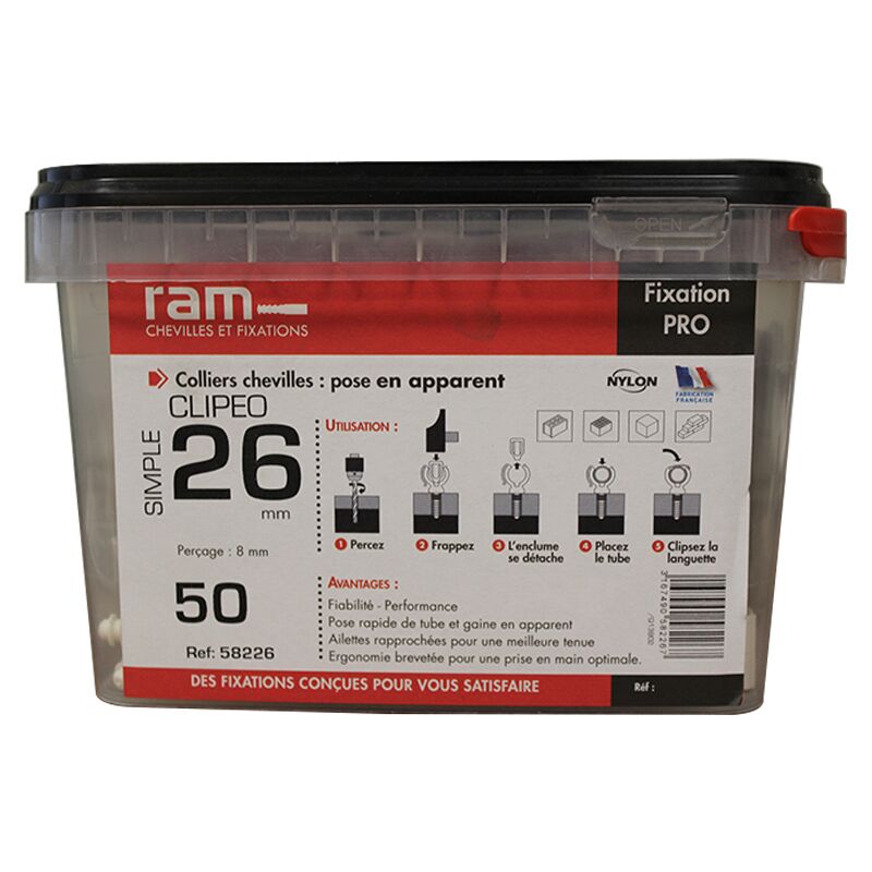 RAM - 50 clipeo simple blanc pour tube multicouche nu Ø26 et Prégainé Ø16