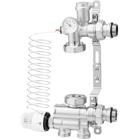 Fixed-value controller for underfloor heating without a pump, adjustable fixed-value controller from 20 to 70 °C with thermostatic mixing valve, thermostatic head, sensor temperature display, central 