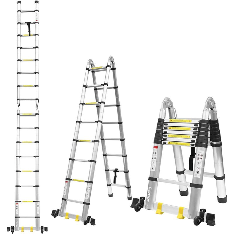 

5M(2,5M+2,5m) Escalera Plegable Aluminio, Escalera Telescópica, Escalera Alta Multifuncional Portátil para Loft,16 Escalones Antideslizantes y Ruedas