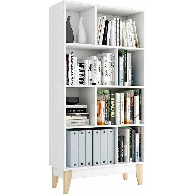 Blanc 8 Cube Rangement Bibliothèque Présentoir Étagère Autoportante Avec Pieds En Bois 75x29.5x147.5cm - Fixkit