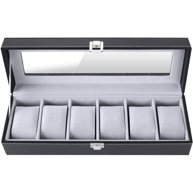 

Caja de Reloj, Estuche para Relojes con 6 Compartimentos, con Tapa de Vidrio, Cachemira Interior, Cuero de PU Exterior, 33.5 * 10.8 * 7.8cm, con