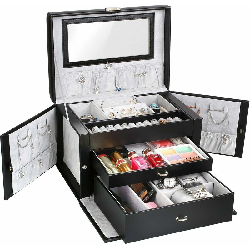 

Caja Joyero 4 Niveles, Caja para Joyas con Espejo y 3 Cajones, Interior de Terciopelo, de Viaje, con Cerradura, para