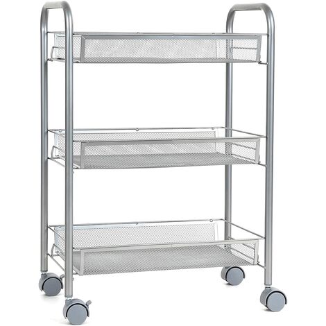 FIXKIT Carrito de comida de cocina con ruedas con cestas de malla de alambre para la cocina del dormitorio (3 niveles, plateado)