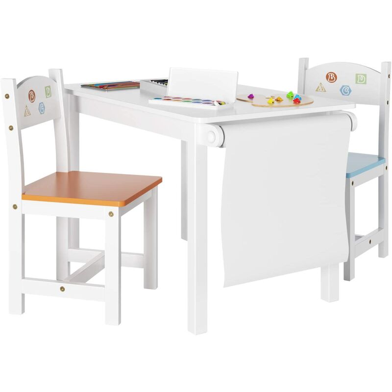 Fixkit - Ensembles de table et chaises pour enfants Meubles d'étude pour enfants 1x table et chaises 2X avec porte-rouleaux en bois