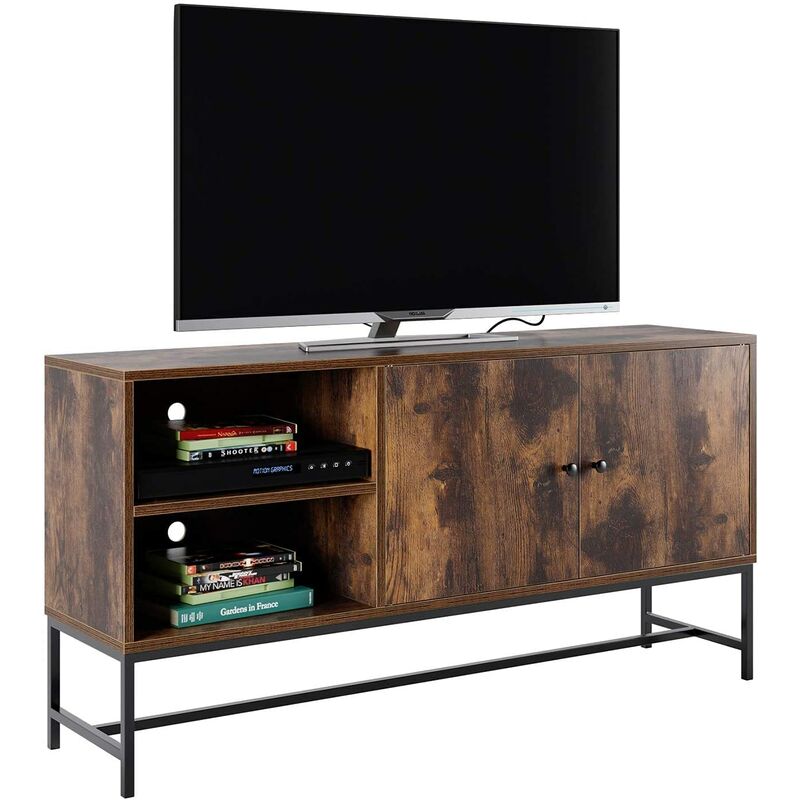 fixkit - meuble tv industriel console multimedia table centre de divertissement avec 2 etageres et portes 120x30x60.3cm