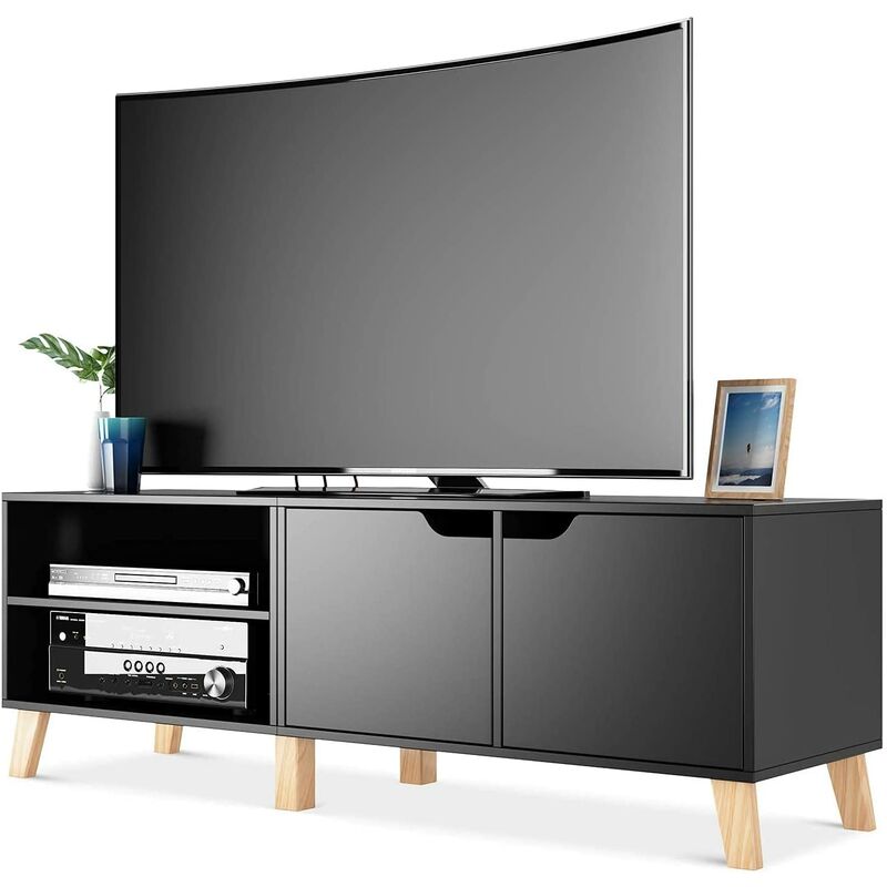 Fixkit - Meuble TV Salon Table TV avec 2 Portes 2 Compartiments Noir