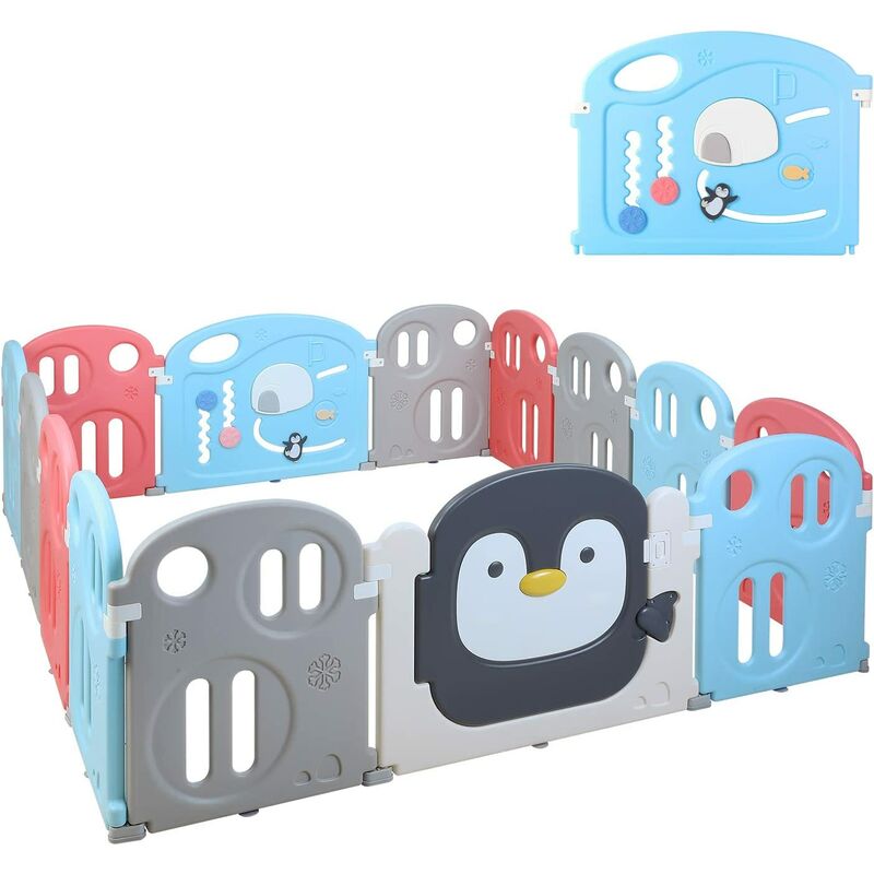 Fixkit Parc Bebe 0 X 180cm Portail Parc Parc Xxl Grille De Protection En Plastique Avec Porte Adapte Aux Enfants De 0 A 6 Ans 14 Panneaux Style Pingouin Fixkittcn