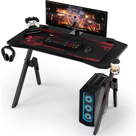FIXKIT Table de Jeu Bureau d'ordinateur PC Gaming Table Ergonomique avec Tapis de Souris Crochet-Casque Câble Rangement Noir 110x55x75cm