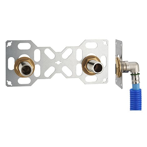 doppio: kit completo per il fissaggio di un rubinetto a parete con interasse di 150 mm Gomiti di alimentazione da crimpare sul tubo NOYON & THIEBAULT PER - Ø 16 mm, uscita 3/4' maschio (20x2