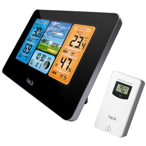 FJ3373 Station météo numérique multifonction Réveil LCD Prévisions météorologiques intérieures et extérieures Baromètre Thermomètre Hygromètre avec capteur extérieur sans fil Cordon d'alimentation USB