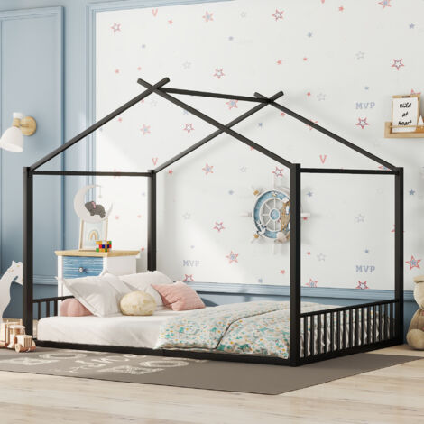 Flachbett 140200cm, Eisenrahmenbett, Kinderbett, Hausbar, schwarz