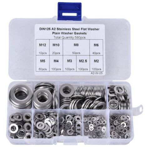 Flache Scheiben, 580 Stück M2-M12 304 Edelstahl Flache Unterlegscheiben für Dichtungen, Silber