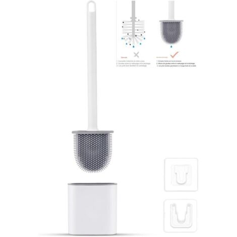 Flache Silikon-Toilettenbürste mit Halterung, tropffrei, antibakteriell, belüftet, schnelltrocknend und geruchsneutral, zur Wand- oder Bodenmontage, für Bad und WC, weiß