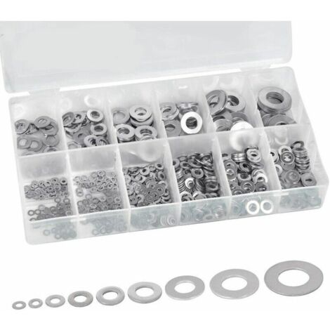 Flache Unterlegscheibe aus Edelstahl, Unterlegscheiben-Sortiment-Kit, große kleine Unterlegscheiben, M2/2,5/3/4/5/6/8/10/12 – Metallunterlegscheiben mit Kunststoffbox für Heimwerker, Mechanik