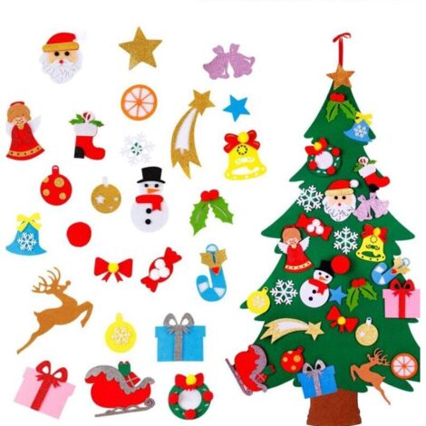 Flacher Filz-Weihnachtsbaum – 1,2 m – Vlies-Weihnachtsdekoration – Weihnachtsbaum mit 28 abnehmbaren Schneemännern – Wanddekoration für Kinderzimmer