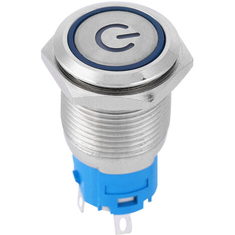 Flacher runder Drucktaster (16 mm) mit blauem LED-Ring, Ein-/Ausschaltsymbol, aus Metall, für 220 V