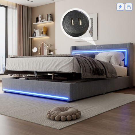Flaches Bett 160200cm, Ambientelicht am Fußende des Bettes, per App einstellbar, Bett hoch- und runterfahrbar, USB-Anschluss am Kopfende des Bettes, großer Stauraum, grau