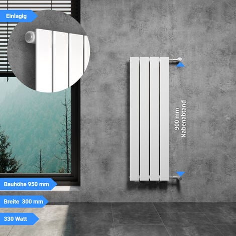 WITEN&NOCK Flachheizkörper Paneelheizkörper Designheizkörper mit Seitenanschlsuss Nabenabstand 900 mm weiß Breite 30 cm einlagig
