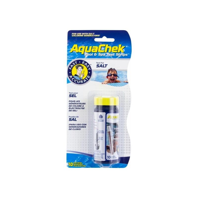 Testeur de sel Aquachek Pack 10 bandelettes pour électrolyseur piscine au sel, rapide et précis