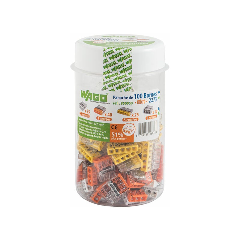 Wago - Flacon de 100 mini bornes de connexion automatique 2, 3, 5 et 8 fils S2273