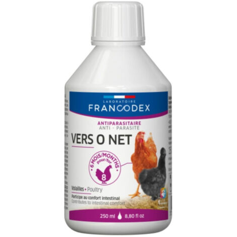 Flacon de 250 ml Vers o net pour volaille – Aide au confort intestinal – À base d'ail, thym et tanaisie – Soutien digestif – Francodex