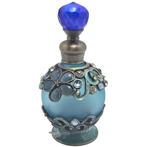 Flacon de parfum décoratif en métal et verre bleu aux détails élégants