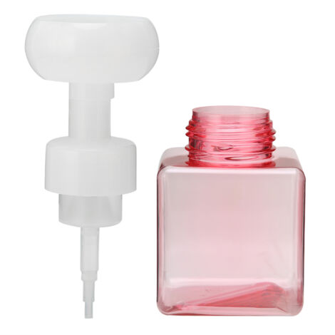 Flacon pompe rechargeable 250ml pour gel douche ou savon liquide, design voyage transparent rose