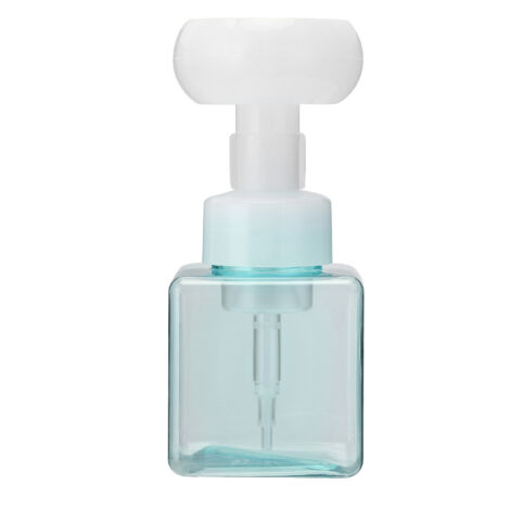 Flacon pompe rechargeable 250ml pour mousse savon, forme fleur bleue transparente, idéal voyage.