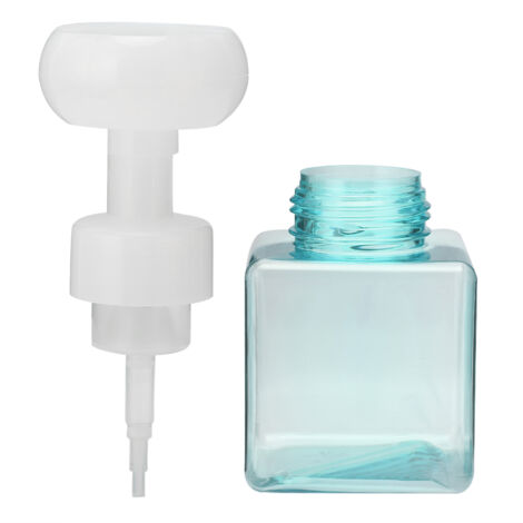 Flacon pompe rechargeable 250ml pour savon mousseux, forme fleur transparente bleue, parfait pour les voyages.