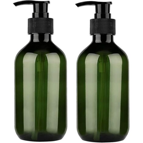 Flacon-pompe vide de 300 ml, rechargeable, en plastique, pour lotion, savon et shampoing. Multi-usages : cosmétiques, cuisine, salle de bain. Lot de 2. Vert.