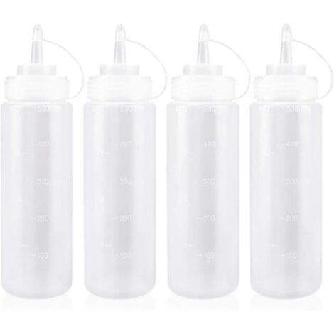 Flacon Sauce Cuisine 500ml avec Capuchon – Bouteille Plastique Transparente pour Condiments, Huile d’Olive, Ketchup, Moutarde – Lot de 4