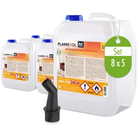 HÖFER CHEMIE GMBH FLAMBIOL Bioéthanol 96,6% Premium 5 L - Pour Cheminée de Table, Cheminée & Décoration de Jardin - Sans Fumée ni suie - A base de maïs & de Betteraves