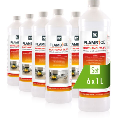 HÖFER CHEMIE GMBH FLAMBIOL Bioéthanol 96,6% Premium 6 x 1 L - Pour Cheminée de Table, Cheminée & déco de Jardin - Sans Fumée ni suie - A base de maïs & de Betteraves