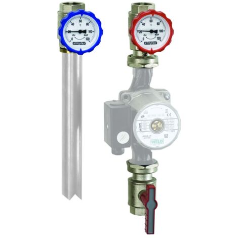 Flamco Pumpen-Armaturgruppe 3-teilig Thermometergriff DN 32 G1 1/4i PN 16 Messing vernickelt mit Überwurfmutter