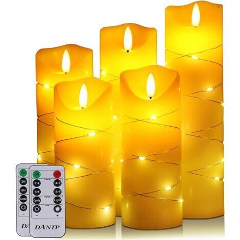 Flammenlose Kerze mit integrierter Lichterkette, 5 LED-Kerzen, 10-Tasten-Fernbedienung, 24-Stunden-Timer