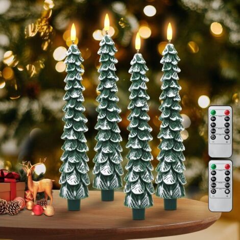 Flammenlose Kerzen mit Fernbedienung – Set mit 4 Weihnachtsbaumkerzen, batteriebetrieben, schneebedecktes Tannenbaum-Design, 3D-flackernde Flamme, sichere Heimdekoration für Partys und als Weihnachtsg