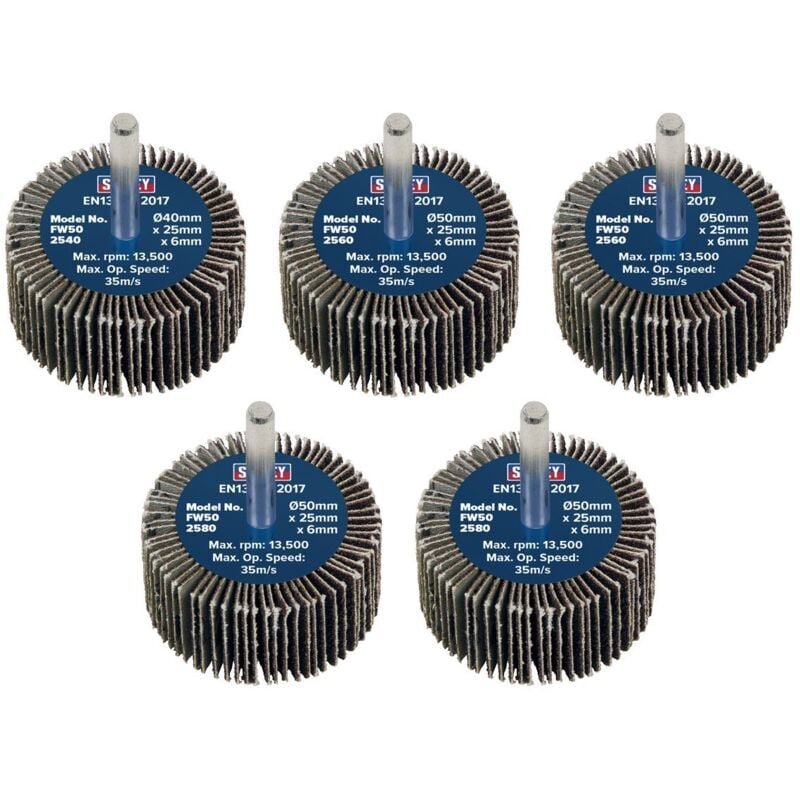 Sealey - Flap Wheel 50 x 25mm 6mm Shaft Assorted Grit - Pack of 5 - FW5025ASS
