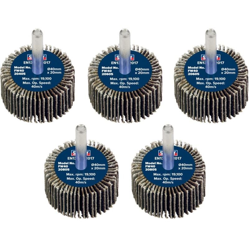 Sealey - FW4020ASS 40 x 20mm Abrasive Flap Wheel on 6mm Shaft Assorted Grit - Pack of 5
