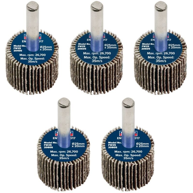 Sealey - FW2520ASS 25 x 20mm Abrasive Flap Wheel on 6mm Shaft Assorted Grit - Pack of 5