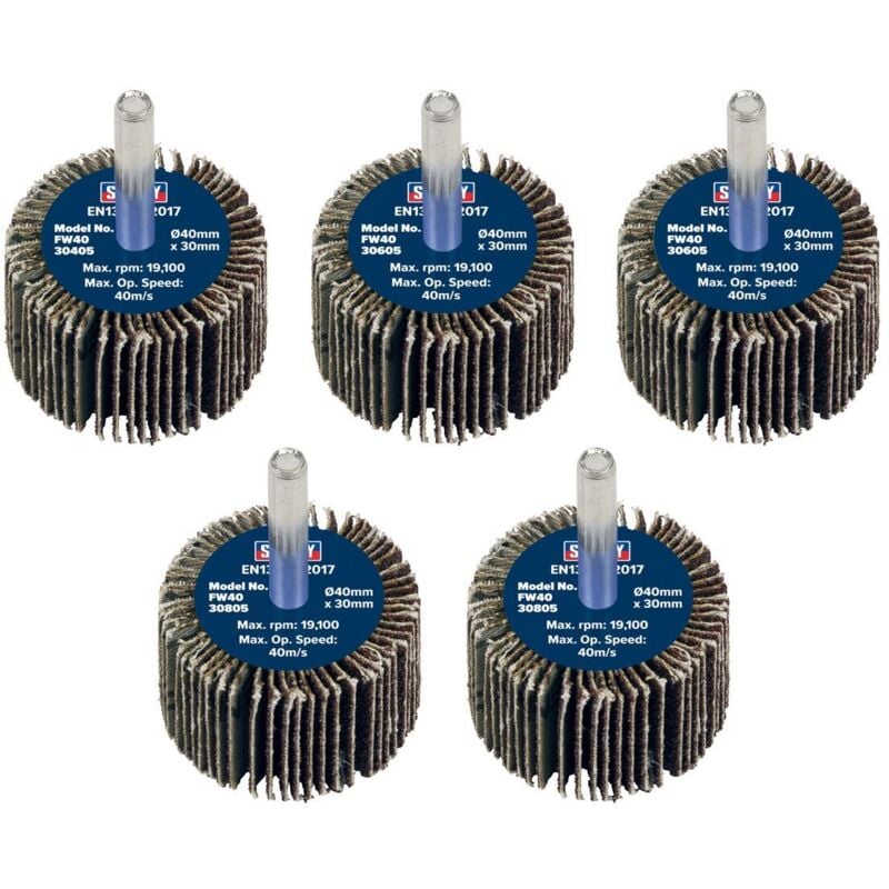 Sealey - FW4030ASS 40 x 30mm Abrasive Flap Wheel on 6mm Shaft Assorted Grit - Pack of 5