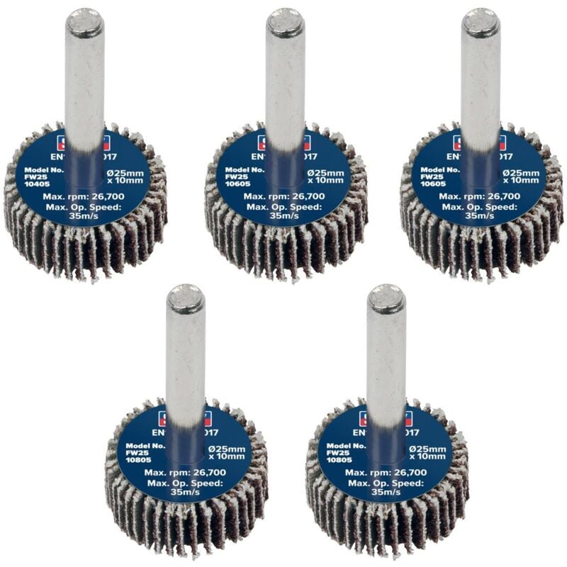Sealey - FW2510ASS 25 x 10mm Abrasive Flap Wheel on 6mm Shaft Assorted Grit - Pack of 5