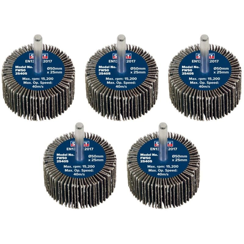 Sealey - FW5025405 50 x 25mm Abrasive Flap Wheel on 6mm Shaft 40Grit - Pack of 5